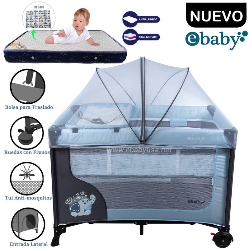 EBABY - Cuna Corral Ebaby Con Cambiador Happy Dream Celeste+Colchón