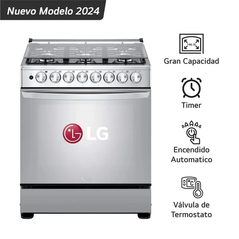 LG - Cocina A Gas 6 Hornillas Gran Capacidad Acero Inoxidable LG LRGZ5255S