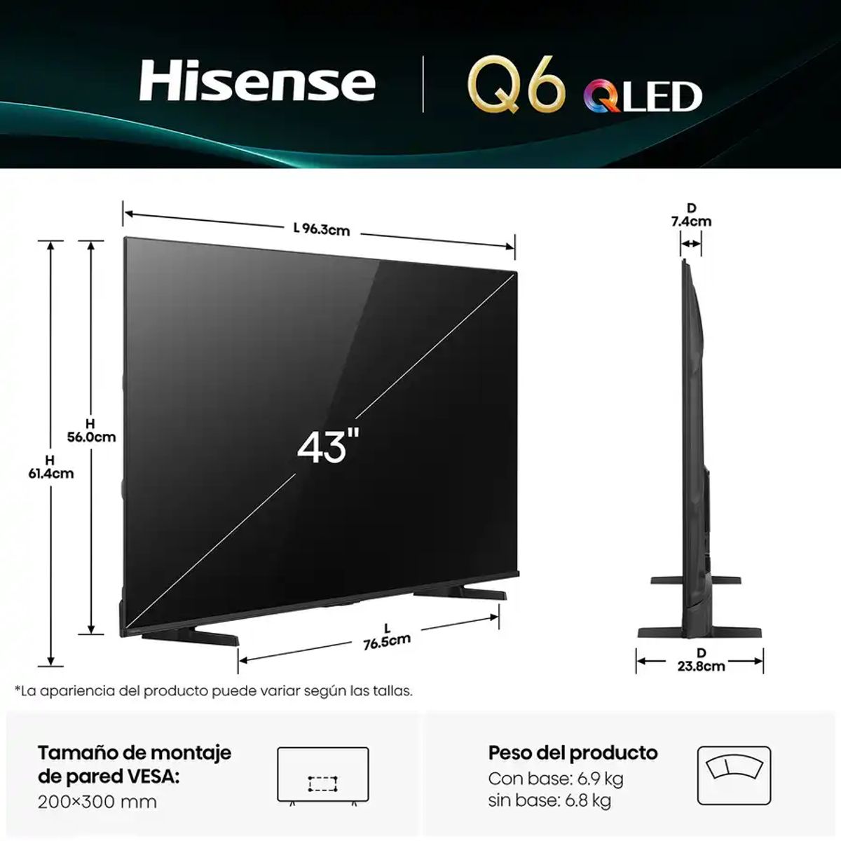 HISENSE - Televisor Smart TV 43 QLED 4K UHD Negro Hisense 43Q6QV