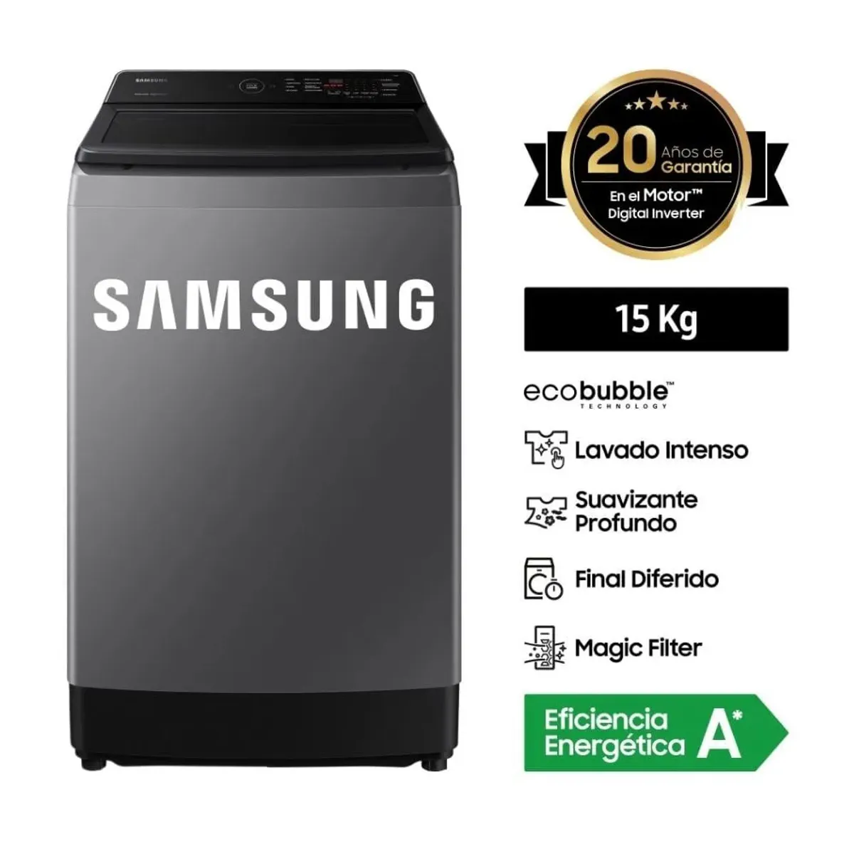 SAMSUNG - Lavadora Samsung 15 Kg EcoBubble Carga Superior WA15CG5441BDPE Gris