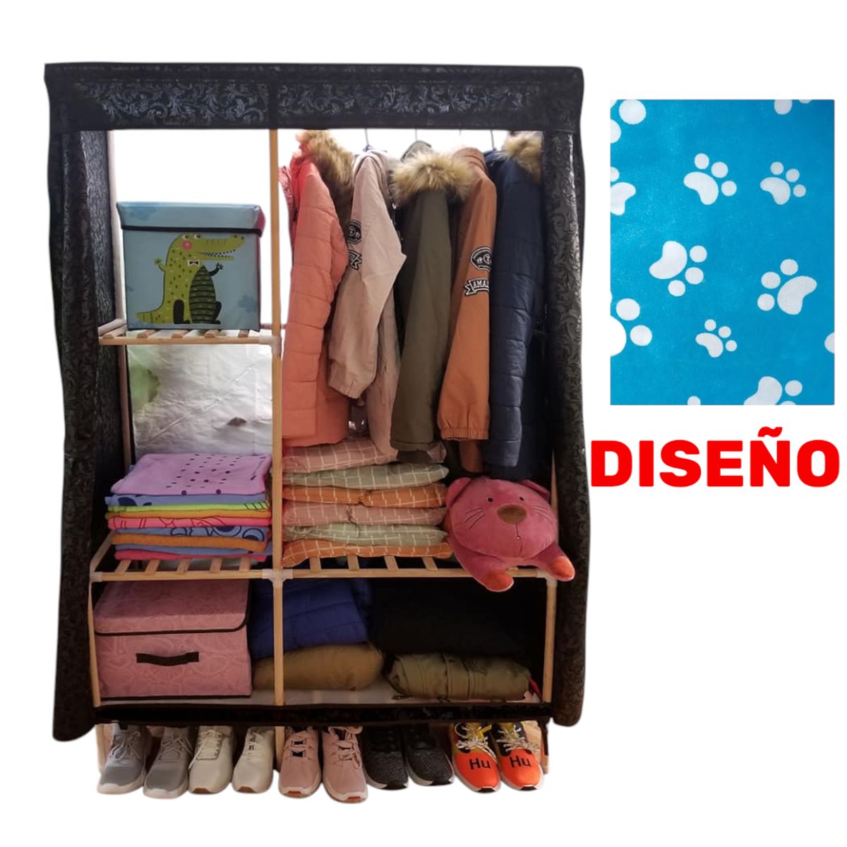 OEM - Ropero de Tela Armable 2 Cuerpos 170x108x48cm Estructura de Madera