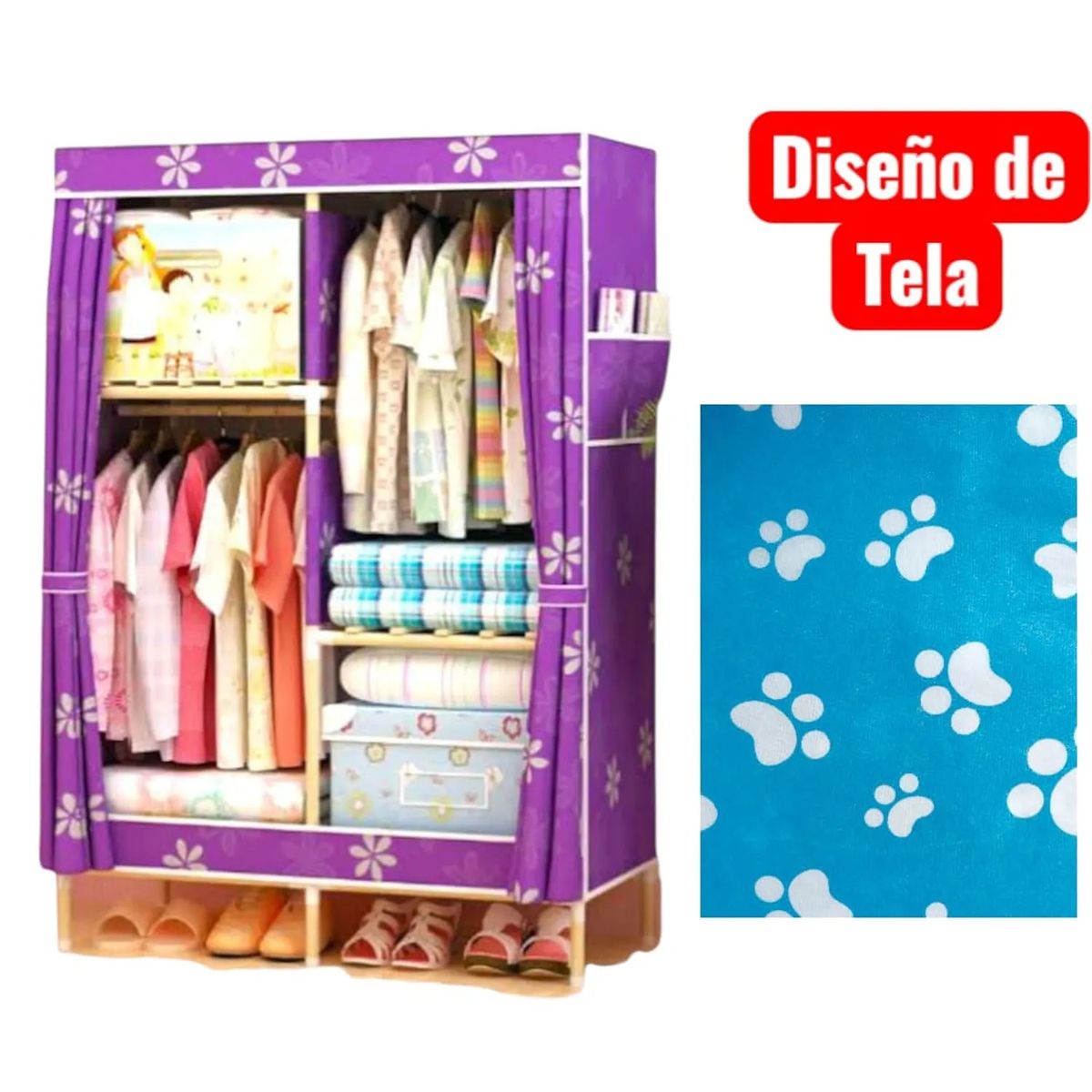 OEM - Ropero de Tela Armable 2 Cuerpos 170x108x48cm Estructura de Madera