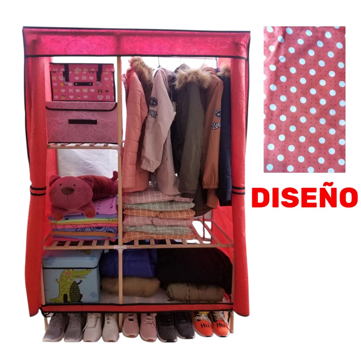 OEM - Ropero de Tela Armable 2 Cuerpos 170x108x48cm Estructura de Madera