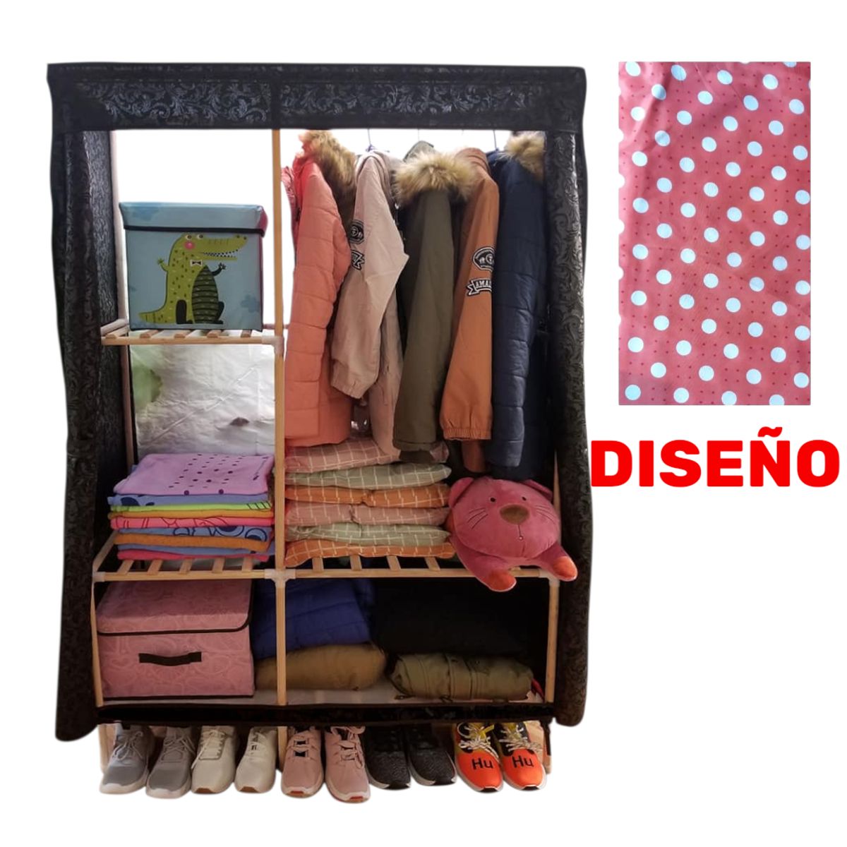 OEM - Ropero de Tela Armable 2 Cuerpos 170x108x48cm Estructura de Madera