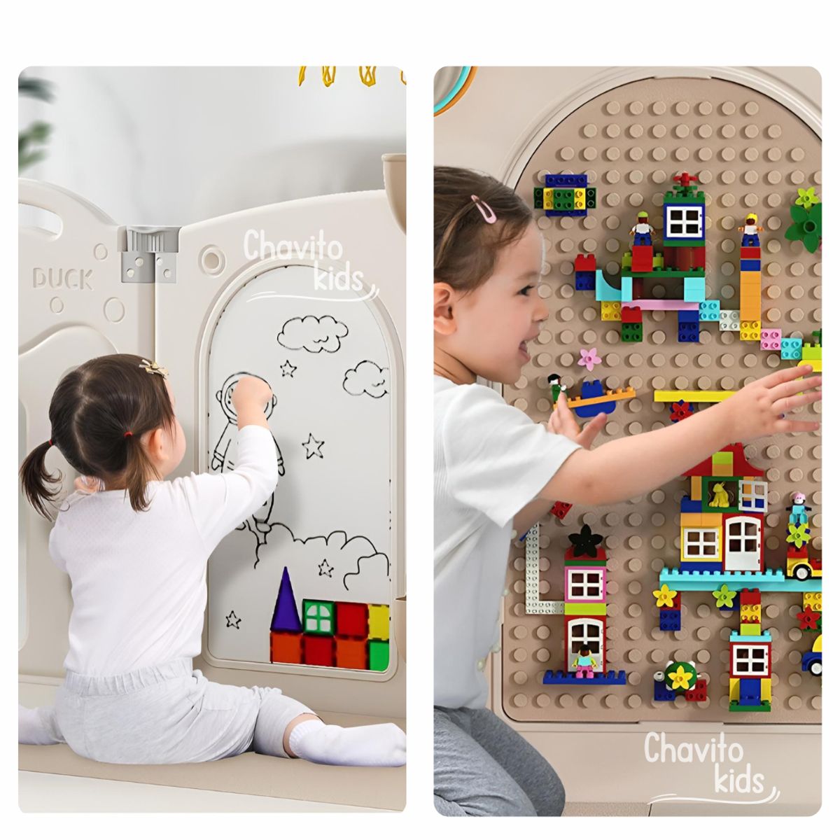 GENERICO - CORRAL 14 PANELES PLEGABLE PATITO C/LEGO C/PIZARRA BEIGE