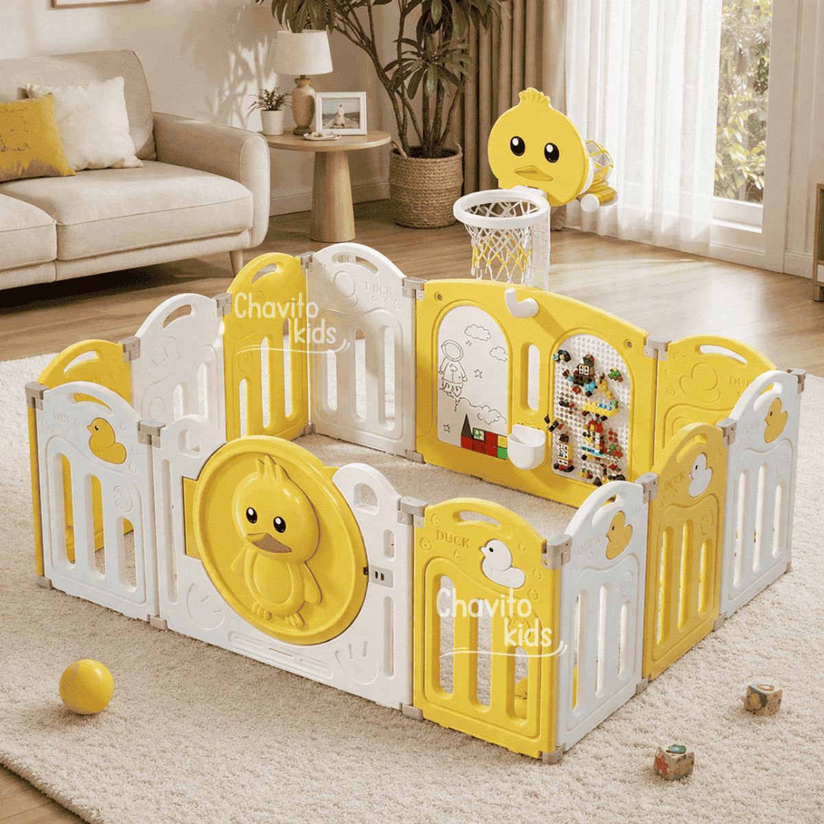 GENERICO - CORRAL 14 PANELES PLEGABLE PATITO C/LEGO C/PIZARRA  AMARILLO