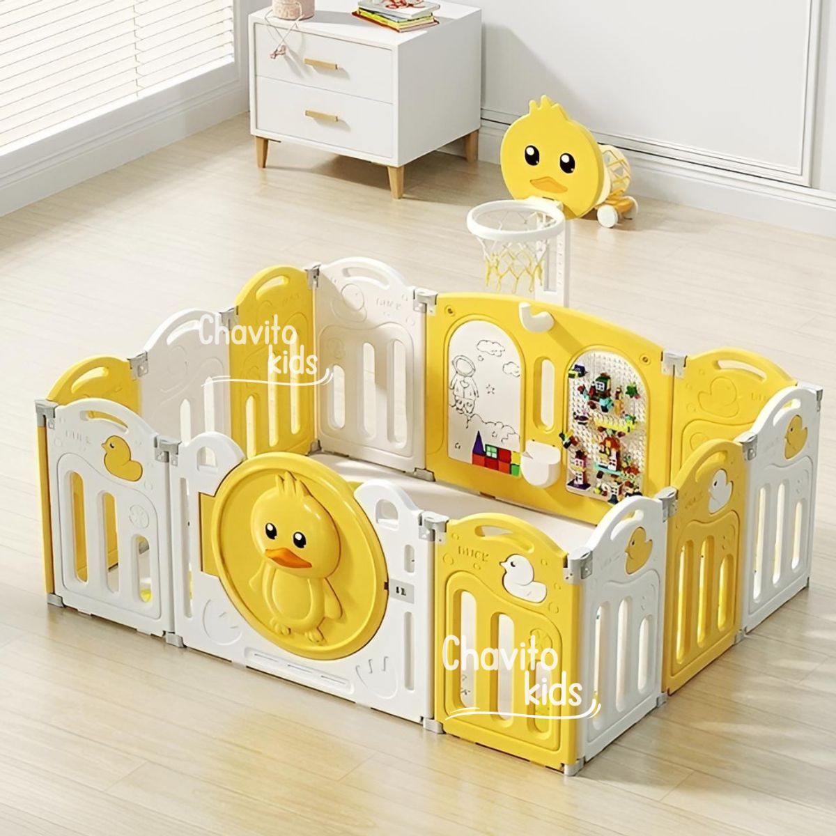 GENERICO - CORRAL 14 PANELES PLEGABLE PATITO C/LEGO C/PIZARRA  AMARILLO