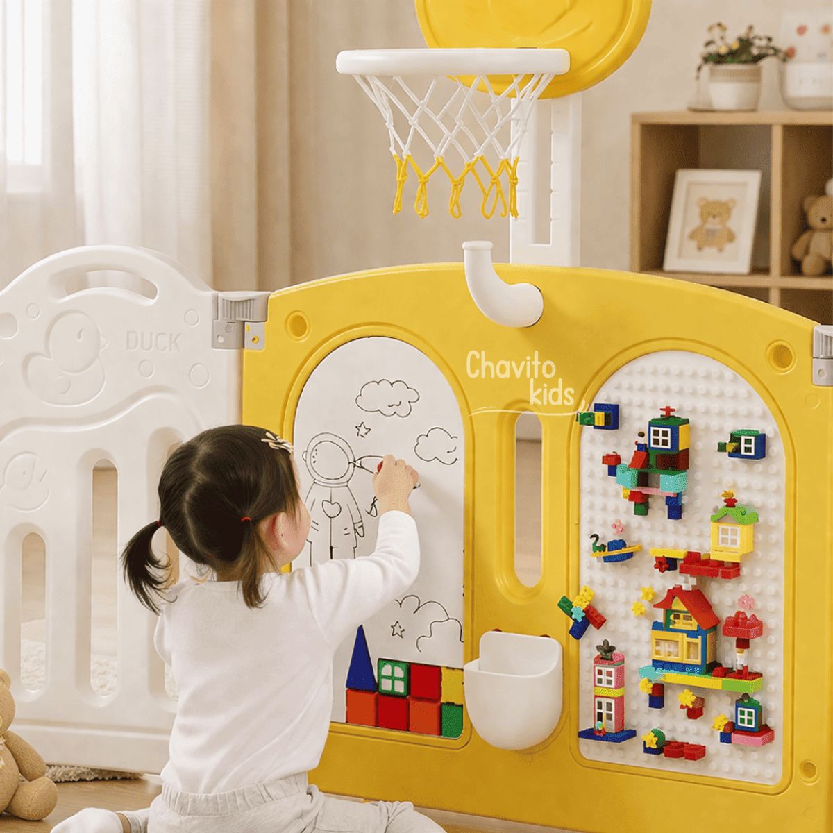 GENERICO - CORRAL 14 PANELES PLEGABLE PATITO C/LEGO C/PIZARRA  AMARILLO