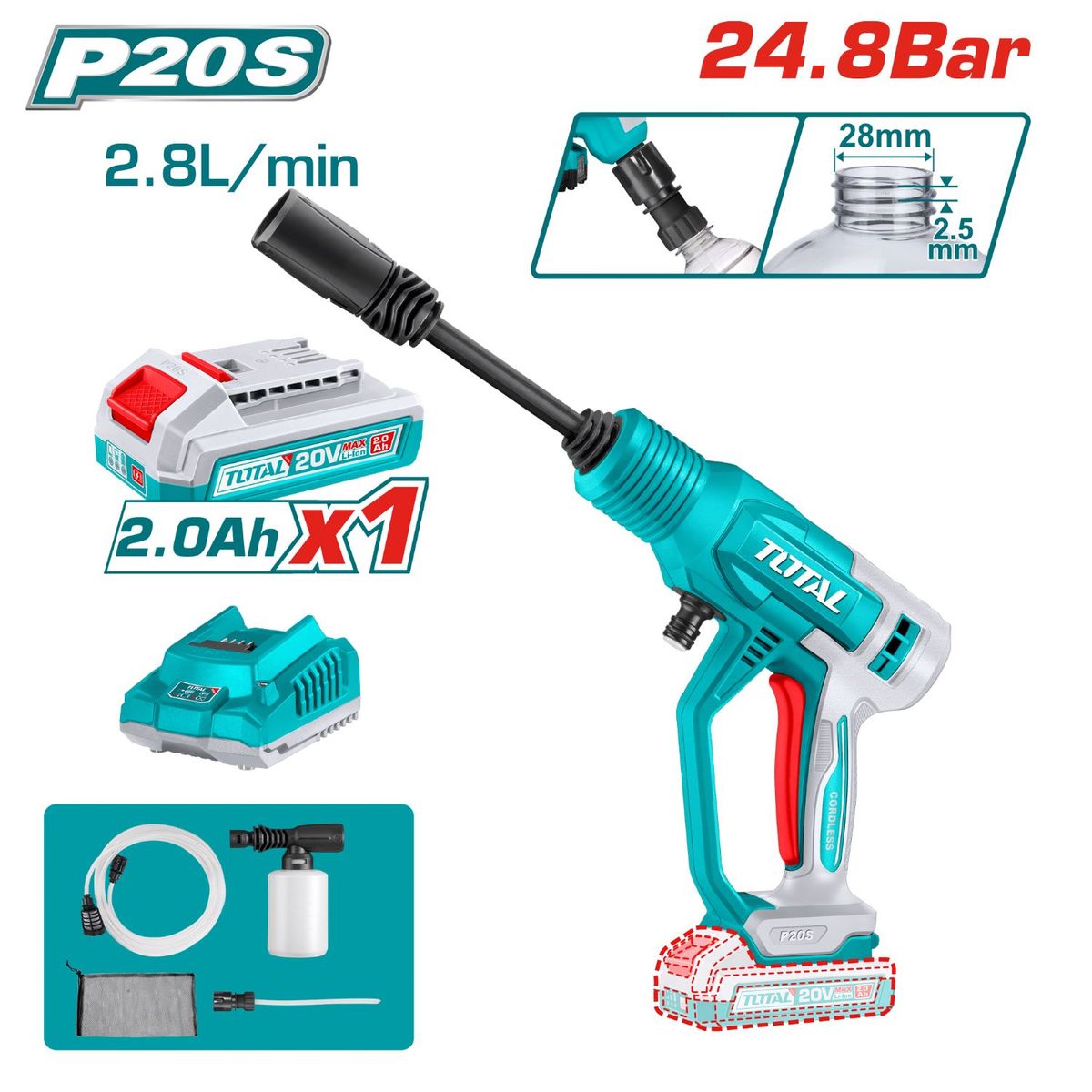 Total Tools - Hidrolavadora 20v Con Una Bateria De 2 Amp Y Cargador-TPWLI20362