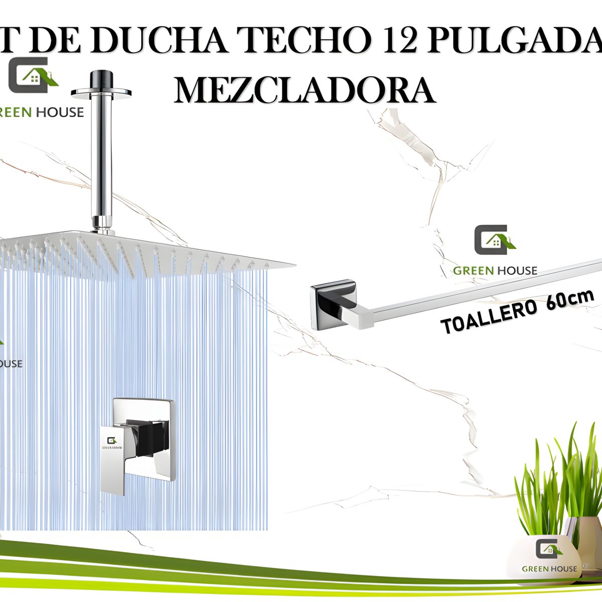 GREEN HOUSE - KIT DE DUCHA TECHO 12 PULGADAS ACERO CROMADO BRILLANTE