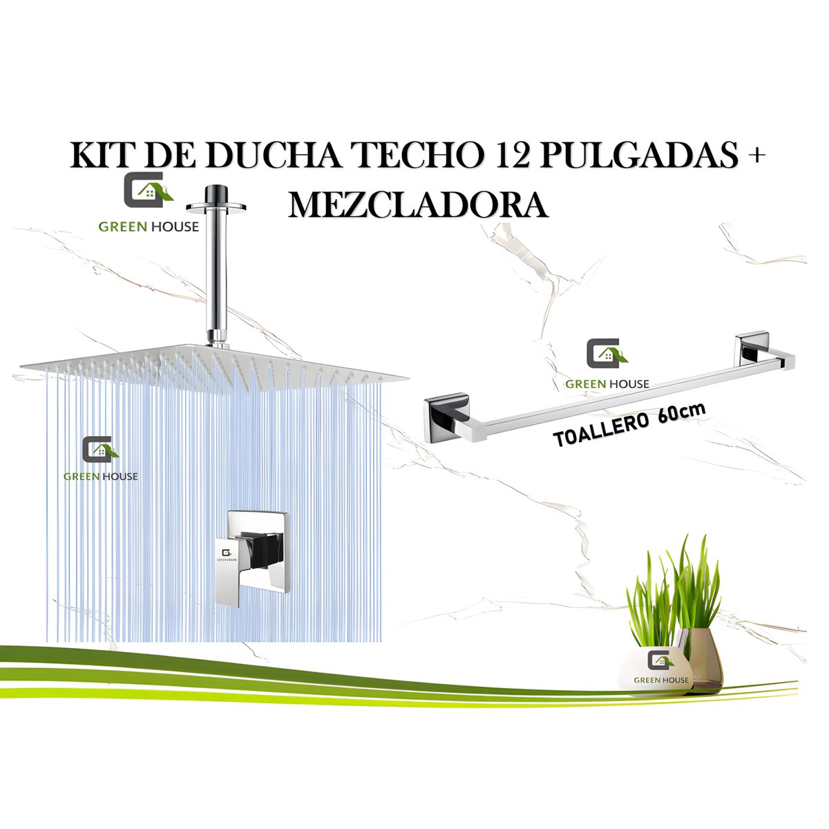 GREEN HOUSE - KIT DE DUCHA TECHO 12 PULGADAS ACERO CROMADO BRILLANTE