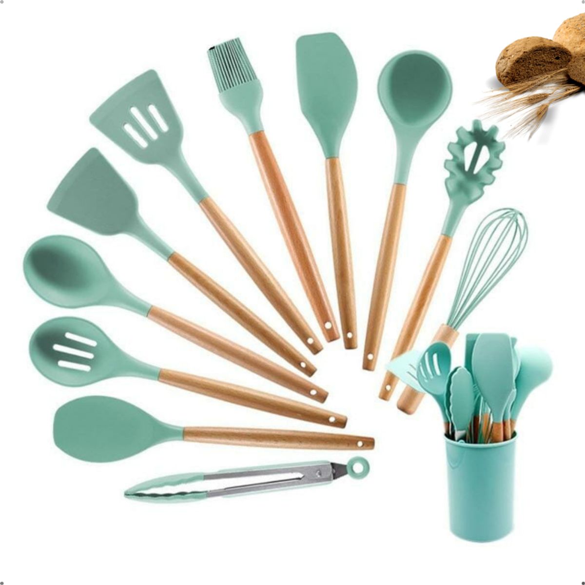 GENERICO - SET UTENSILIOS DE COCINA 12 PIEZAS SILICONA Y MADERA ANTIDESLIZANTE