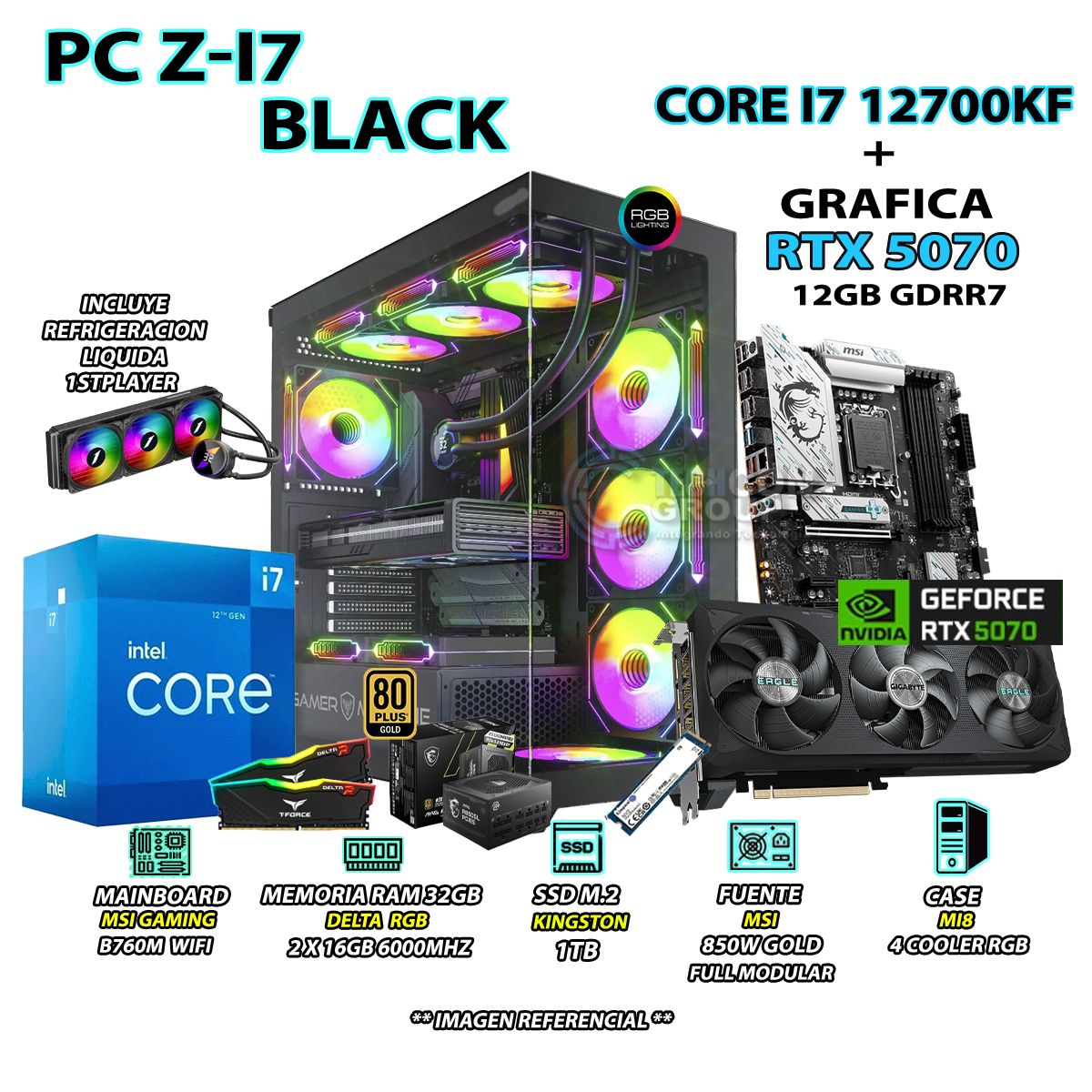 INTEL - Computadora PC Gamer Core i7 12700KF RAM 32GB SSD 1TB GRAFICA RTX 5070 12GB