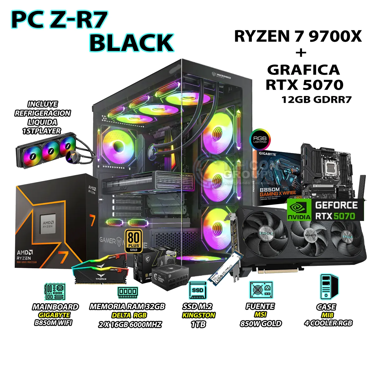 RYZEN - Computadora PC Gamer RYZEN 7 9700X RAM 32GB SSD 1TB GRAFICA RTX 5070 12GB