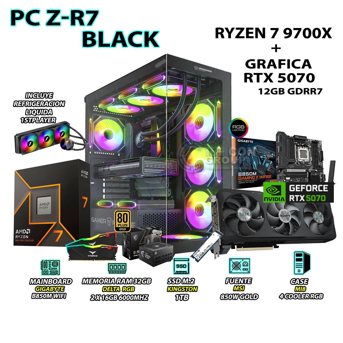 RYZEN - Computadora PC Gamer RYZEN 7 9700X RAM 32GB SSD 1TB GRAFICA RTX 5070 12GB