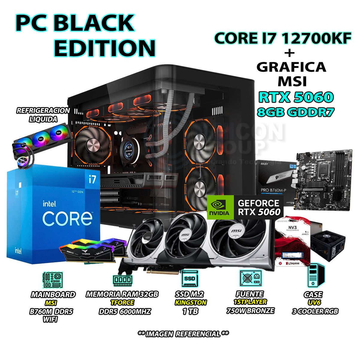 INTEL - Computadora PC Gamer Core i7 12700KF RAM 32GB SSD 1TB GRAFICA RTX 5060 8GB