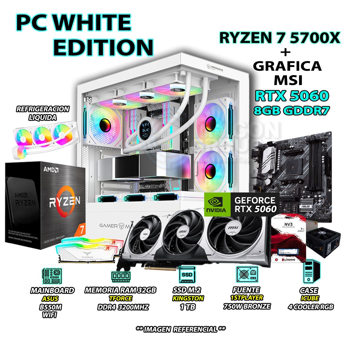RYZEN - Computadora PC Gamer RYZEN 7 5700X RAM 32GB SSD 1TB GRAFICA RTX 5060 8GB
