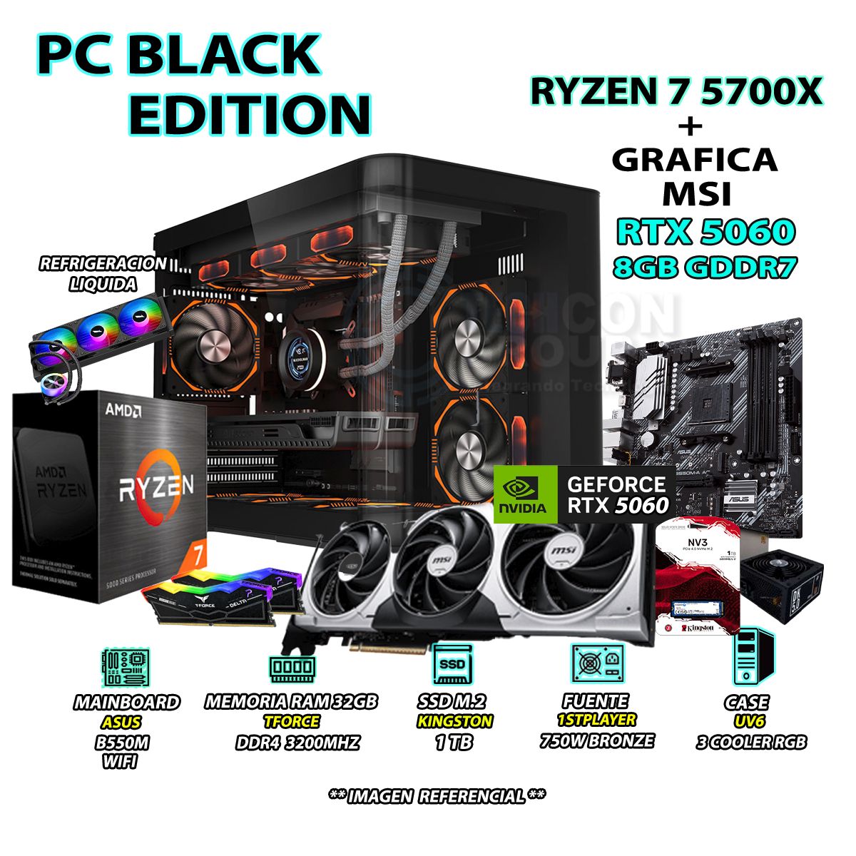 RYZEN - Computadora PC Gamer RYZEN 7 5700X RAM 32GB SSD 1TB GRAFICA RTX 5060 8GB