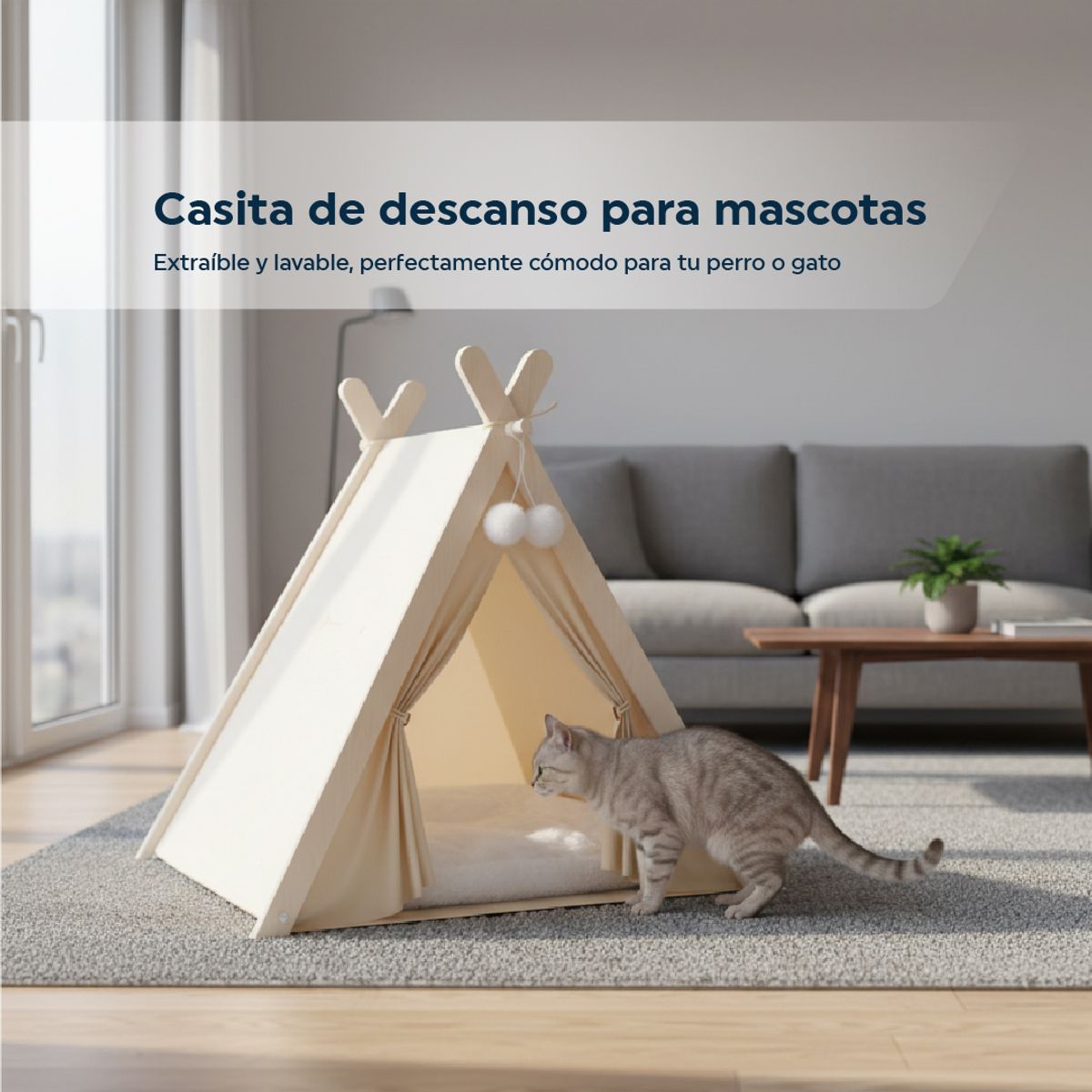 TRENDY TECH E I R L - Cama Tipi Premium de madera para Mascotas con Tela Lavable