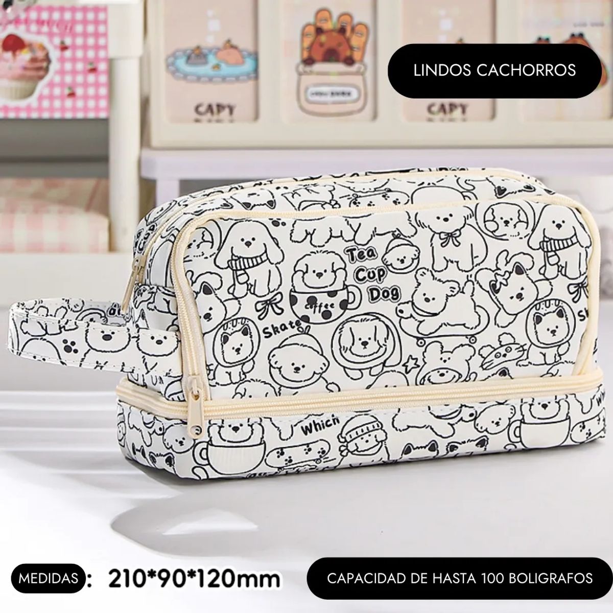 GENERICO - Cartuchera 2 niveles con diseño de lindos cachorros