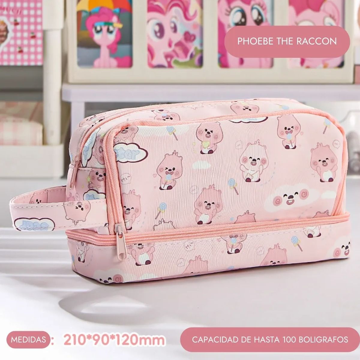 GENERICO - Cartuchera 2 niveles con diseño de mapaches rosas