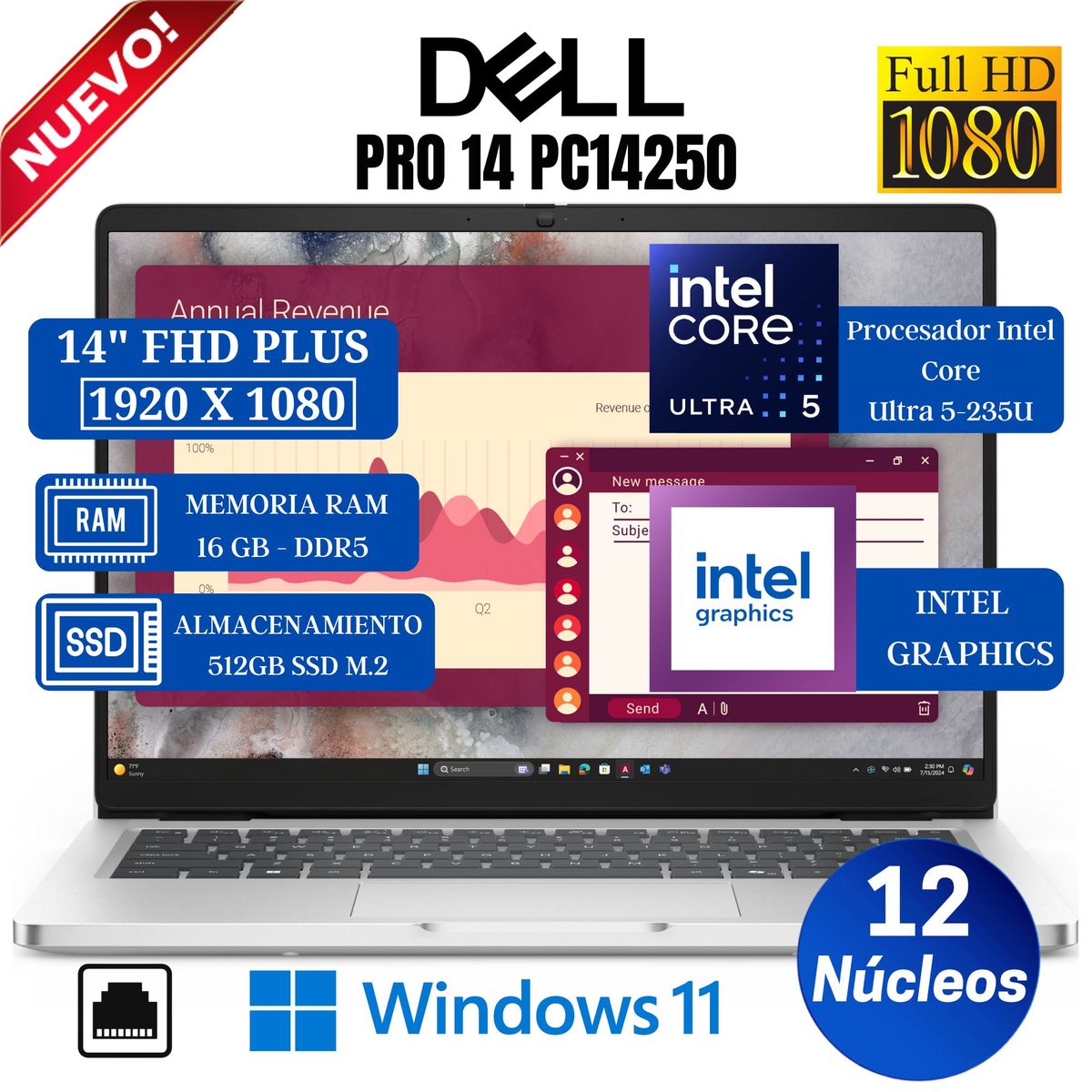 DELL - Laptop DELL Pro 14 PC14250 14" FHD Plus, Core Ultra 5-235U, Ram 16GB, Ssd 512GB, Win 11 Pro