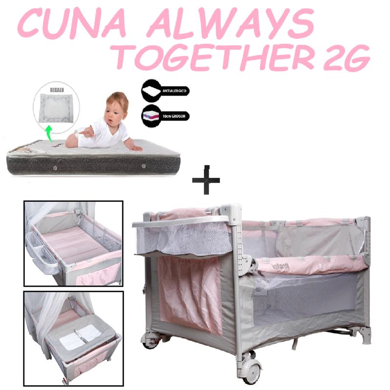 INFANTI - Nueva Cuna Always Together 2G Con Colchon Gris - Rosa