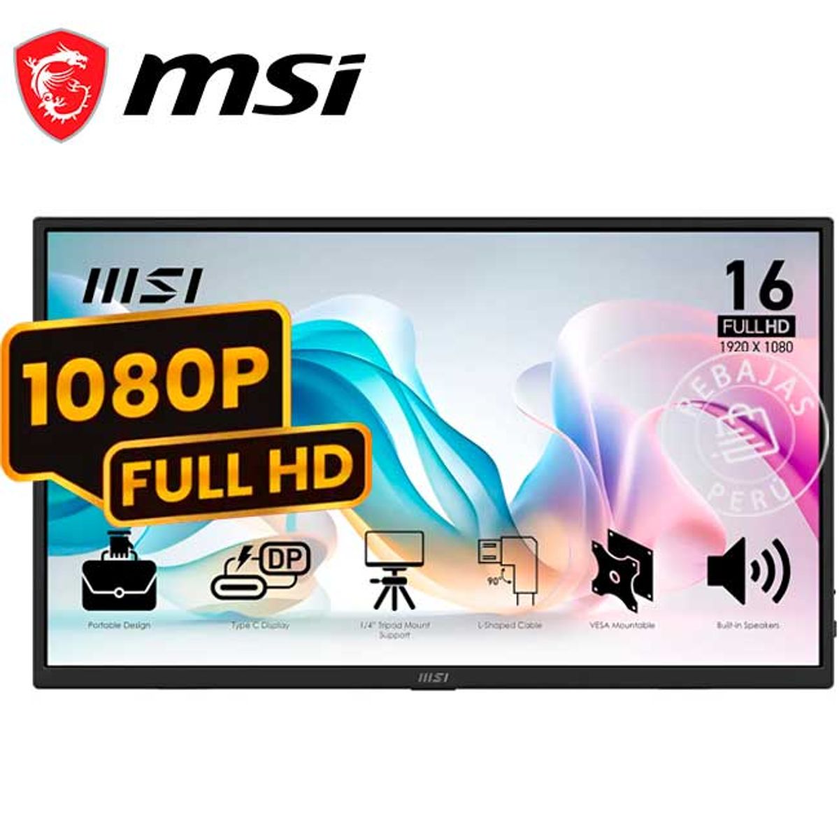MSI - Monitor Portátil MSI PRO MP165 E6 16″ FHD IPS 60Hz Ligero USB-C