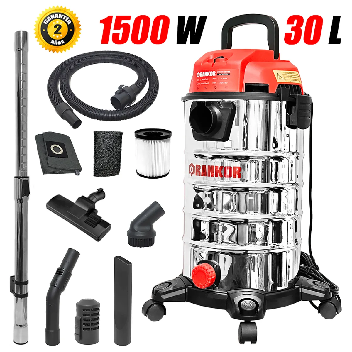 RANKOR - Aspiradora Sopladora Polvo y Agua Industrial Rankor RVC150001 1500W 30 Litros