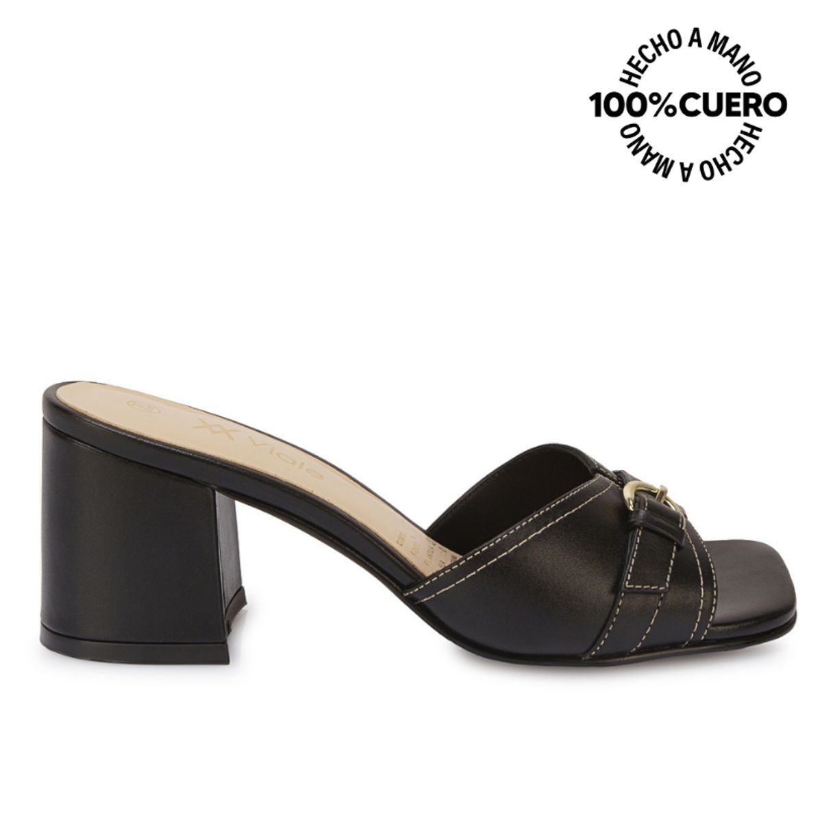 VIALE - Sandalia Slide Casual TATI-2607 Negro Viale Cuero