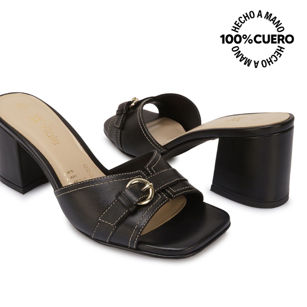 VIALE - Sandalia Slide Casual TATI-2607 Negro Viale Cuero