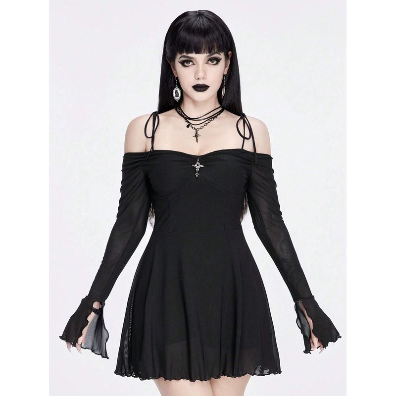 GENERICO - VESTIDOS LOLITA NEGRO ESTILO GOTICO CON HOMBROS DESCUBIERTOS