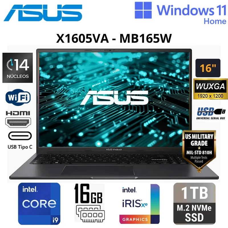 ASUS - Laptop Asus Vivobook 16 Intel Core i9-13900H 16GB RAM 1TB SSD 16" WUXGA WIN 11 Indie Black X1605VA-MB165W