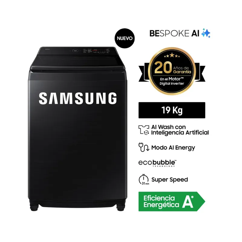 SAMSUNG - LAVADORA SAMSUNG 19KG WA80F19S8B AI WASH ECOBUBBLE™ NEGRA