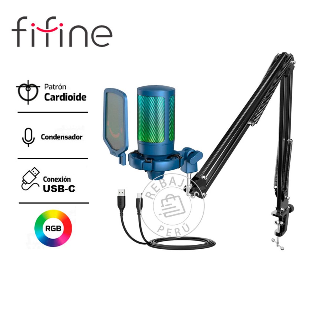 FIFINE - Micrófono Fifine A6T USB Azul con Brazo RGB Mute y Ganancia