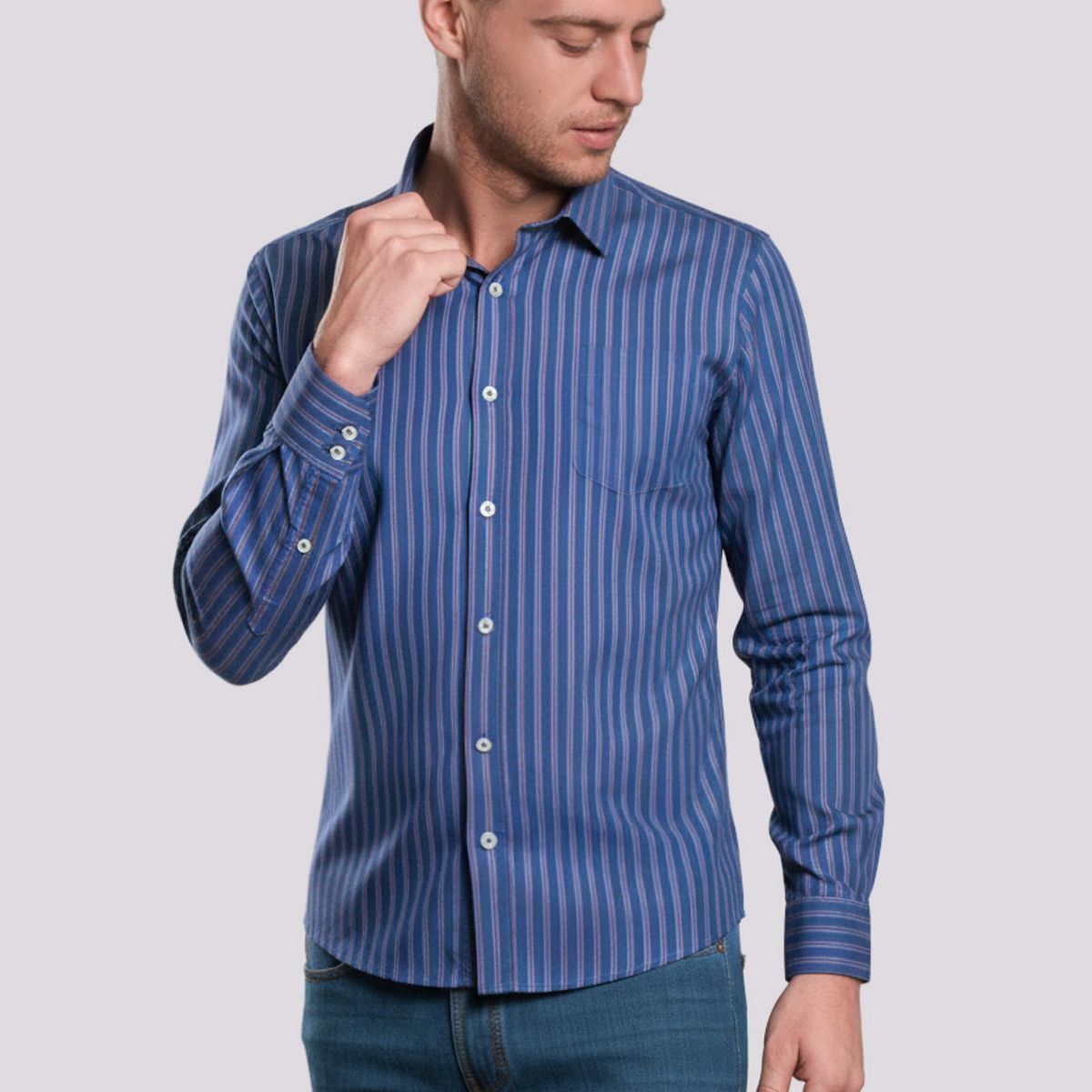 ANDREW'S TIES - Camisa Casual A Rayas - Azulino con Rojo