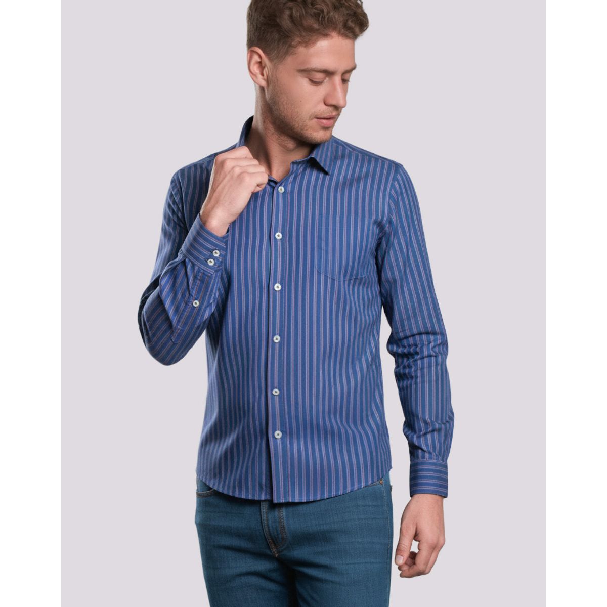 ANDREW'S TIES - Camisa Casual A Rayas - Azulino con Rojo