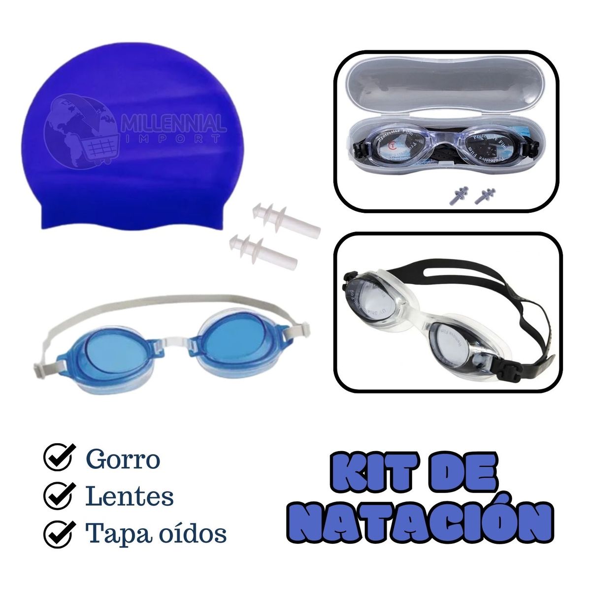 GENERICO - KIT NATACIÓN NIÑO LENTES CON TAPONES Y ESTUCHE + GORRO LICRA