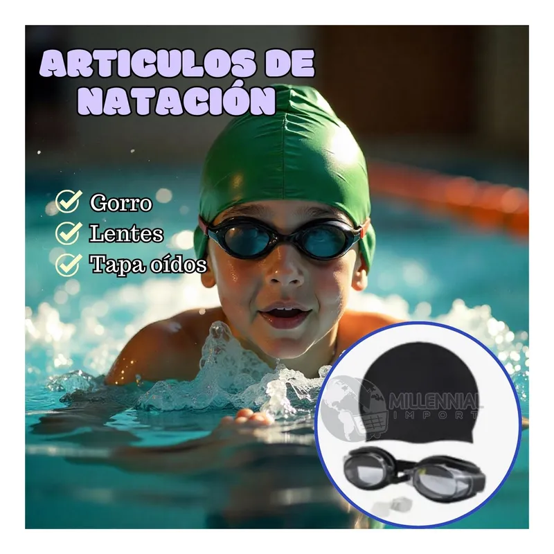 GENERICO - PACK DE LENTES NATACIÓN CON TAPON OÍDOS + GORRO LICRA NIÑOS