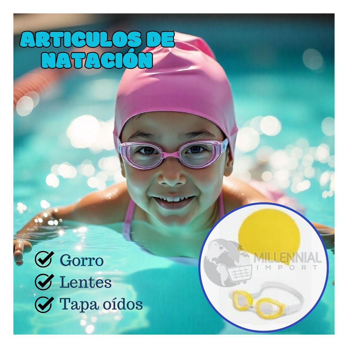 GENERICO - KIT NATACIÓN NIÑA LENTES CON ESTUCHE GORRO LICRA Y TAPA OIDOS
