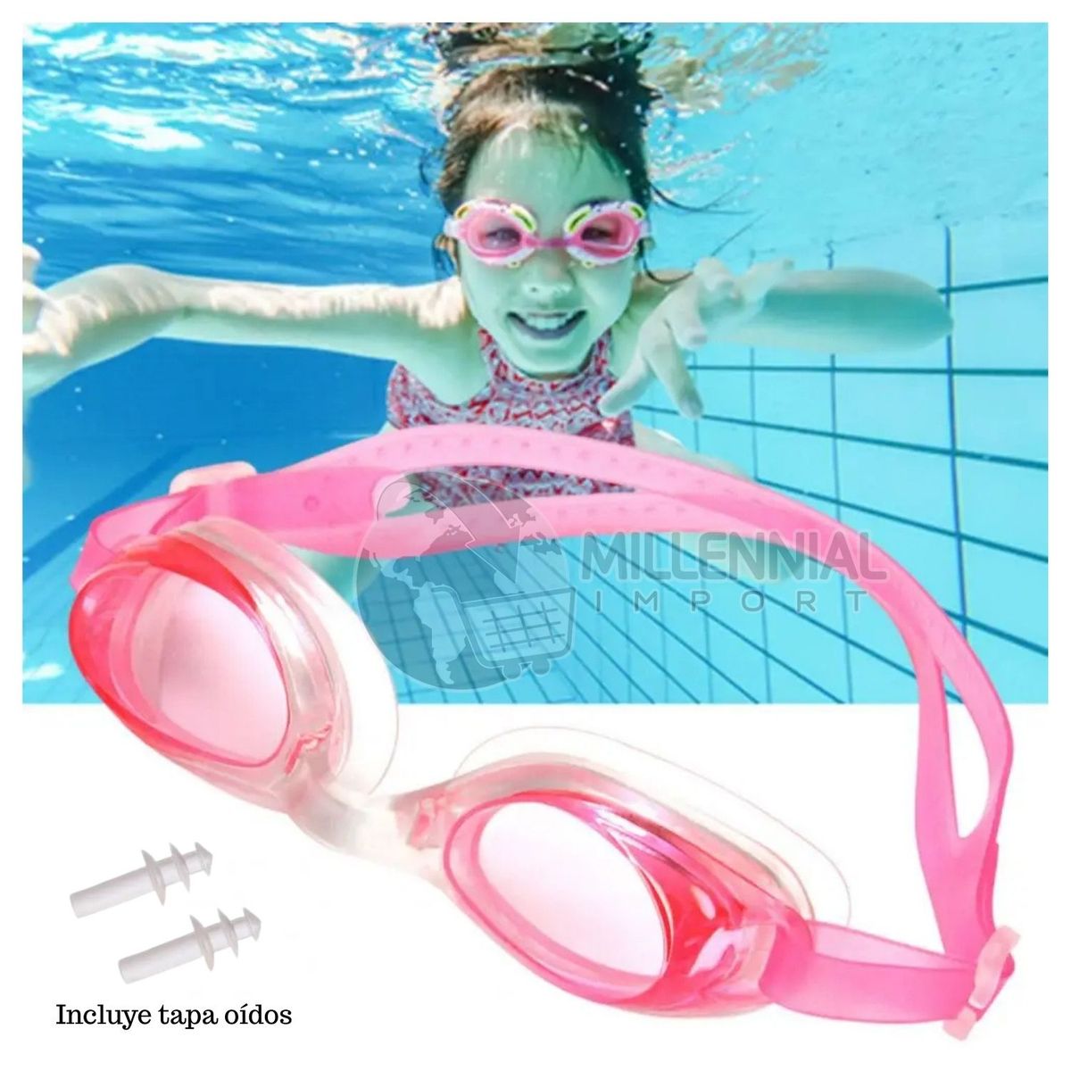 GENERICO - KIT NATACIÓN NIÑA LENTES CON ESTUCHE GORRO LICRA Y TAPA OIDOS
