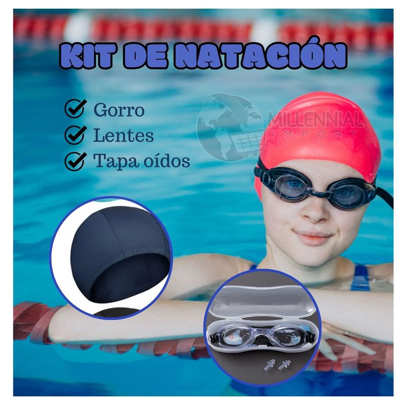 GENERICO - PACK DE LENTES NATACIÓN CON TAPON OÍDOS + GORRO LICRA NIÑAS
