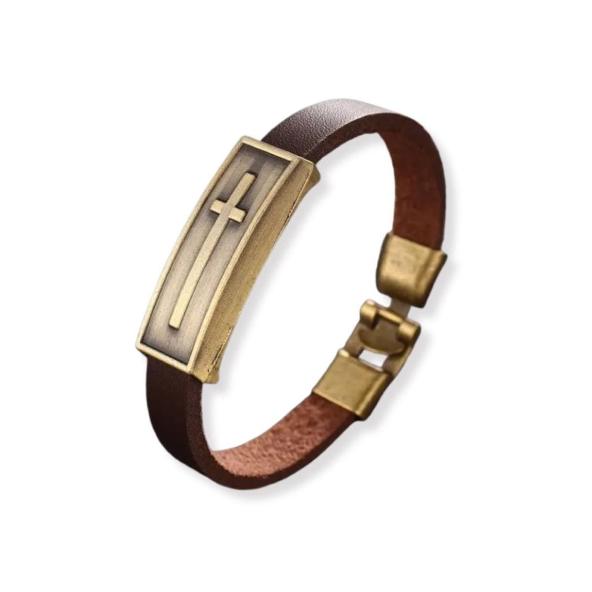 SANTORAL - Pulsera con Placa Cruz - Cuero y Bronce