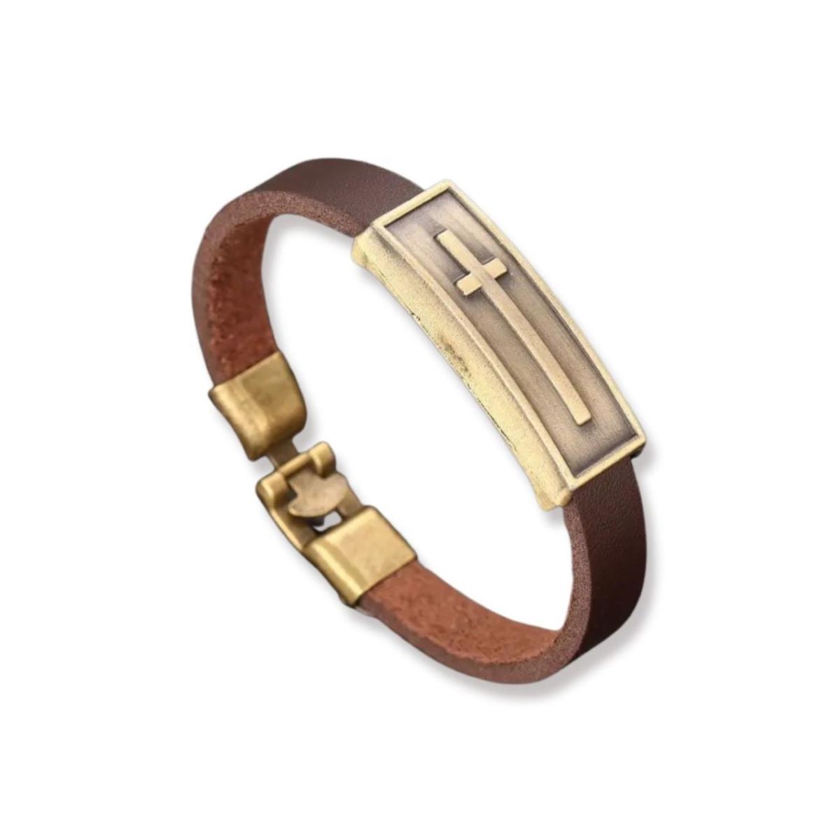 SANTORAL - Pulsera con Placa Cruz - Cuero y Bronce