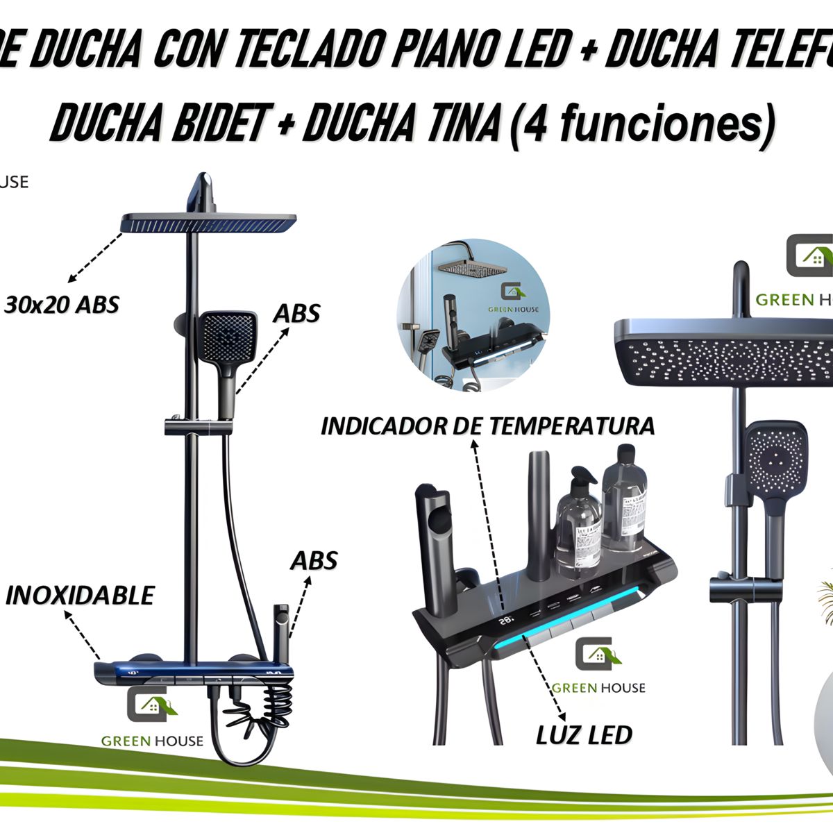 GREEN HOUSE - COLUMNA DE DUCHA CON PANEL PIANO LED CON 4 FUNCIONES
