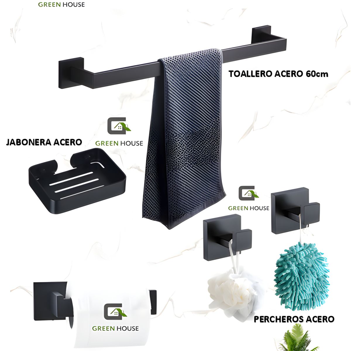 GREEN HOUSE - KIT DE BAÑO EUROPÉO SQUARE ACERO INOXIDABLE CUADRADO