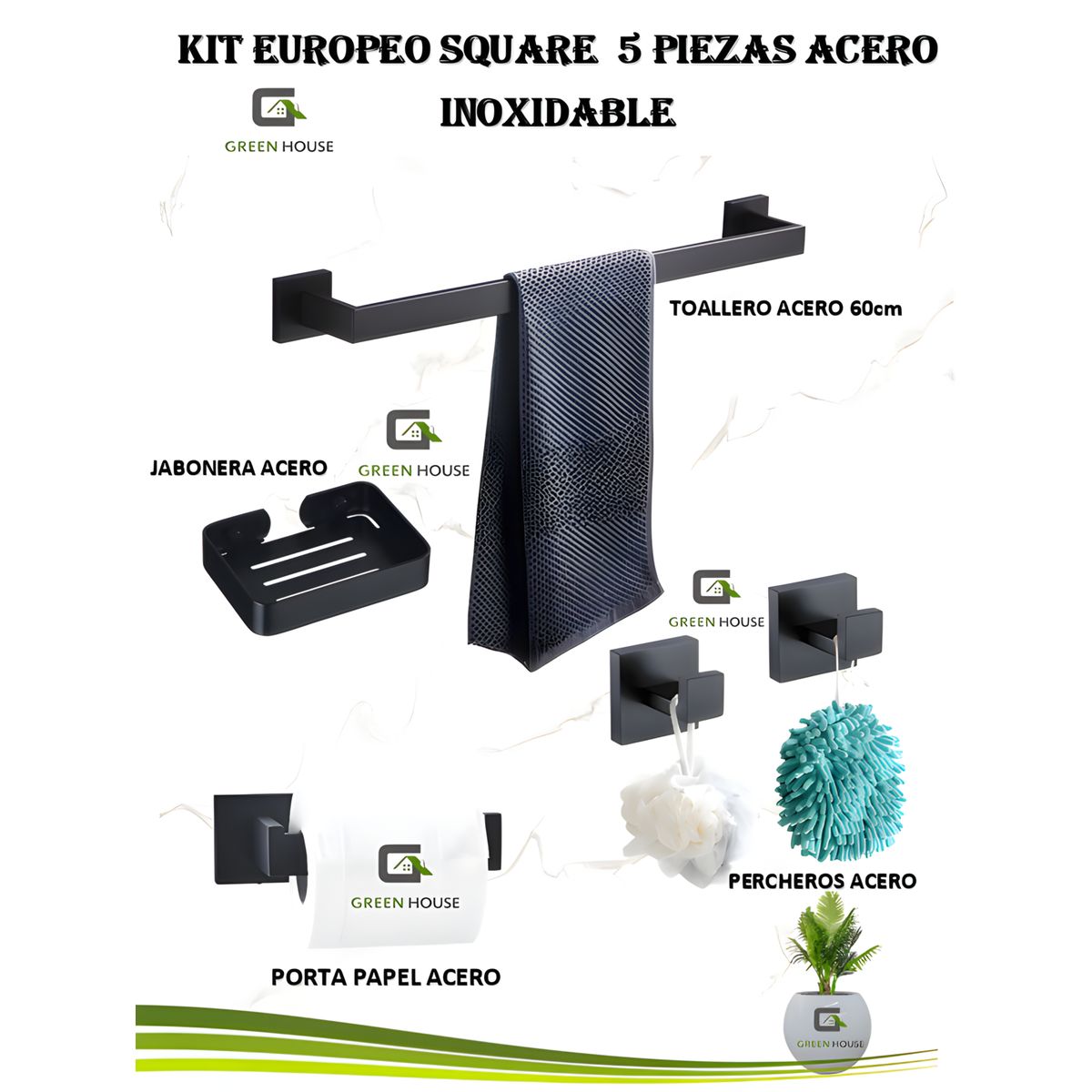 GREEN HOUSE - KIT DE BAÑO EUROPÉO SQUARE ACERO INOXIDABLE CUADRADO