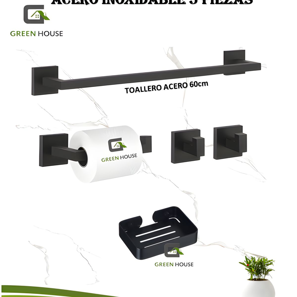 GREEN HOUSE - KIT DE BAÑO EUROPÉO SQUARE ACERO INOXIDABLE CUADRADO