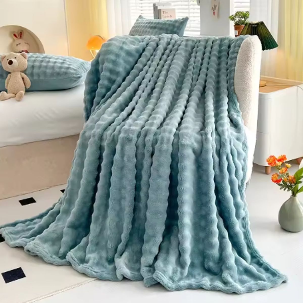 GENERICO - ️ FRAZADA MICROFLEECE SHERPA  2 PLAZAS -AZUL VERDOSO SUAVE