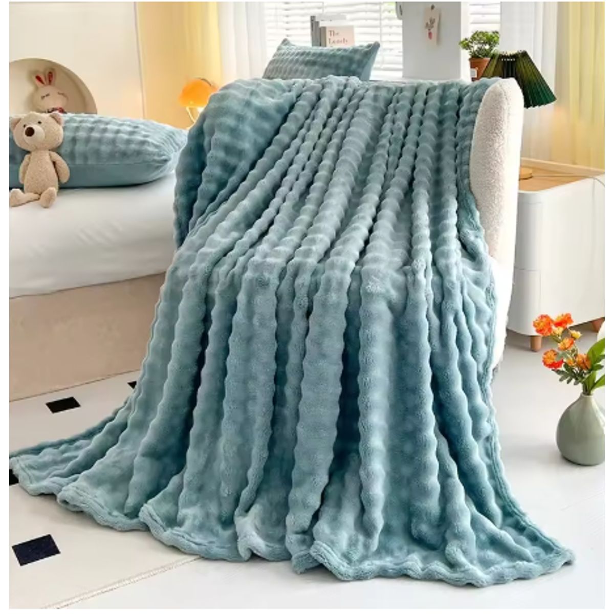 GENERICO - ️ FRAZADA MICROFLEECE SHERPA  2 PLAZAS -AZUL VERDOSO SUAVE